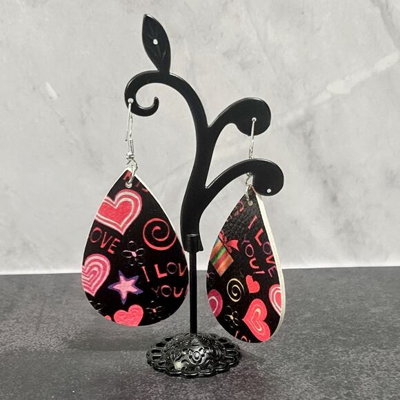 Boutique New faux leather teardrop shaped graffiti drop earrings - Picture 5 of 7
